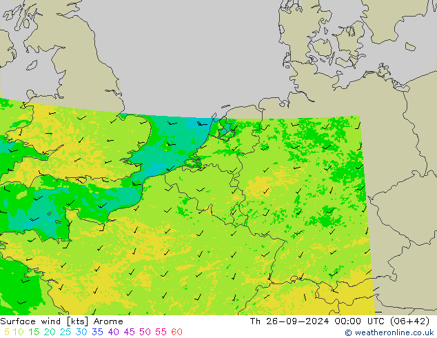 Vento 10 m Arome Qui 26.09.2024 00 UTC