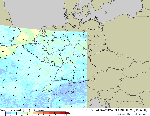 Viento 10 m (bft) Arome jue 26.09.2024 00 UTC