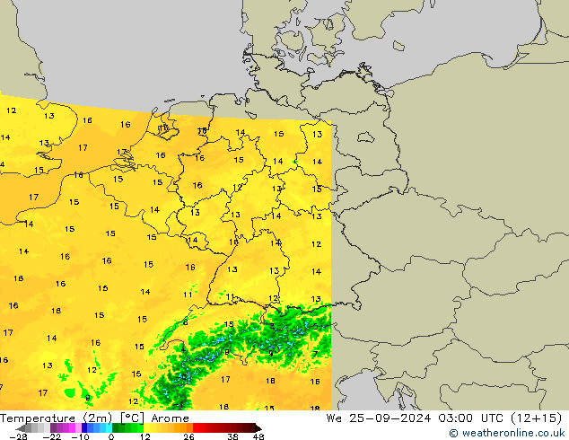 Sıcaklık Haritası (2m) Arome Çar 25.09.2024 03 UTC