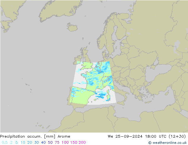 Precipitation accum. Arome Qua 25.09.2024 18 UTC