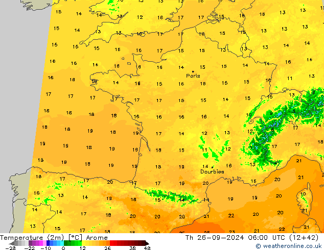 Temperature (2m) Arome Th 26.09.2024 06 UTC