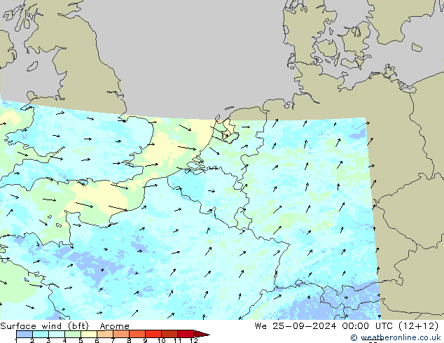 Bodenwind (bft) Arome Mi 25.09.2024 00 UTC