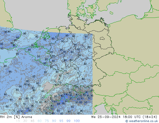 RH 2m Arome Mi 25.09.2024 18 UTC