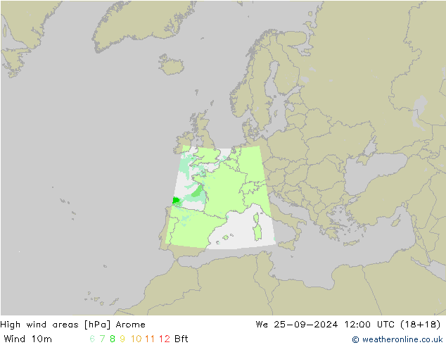 High wind areas Arome We 25.09.2024 12 UTC