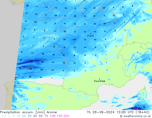 Precipitation accum. Arome  26.09.2024 12 UTC