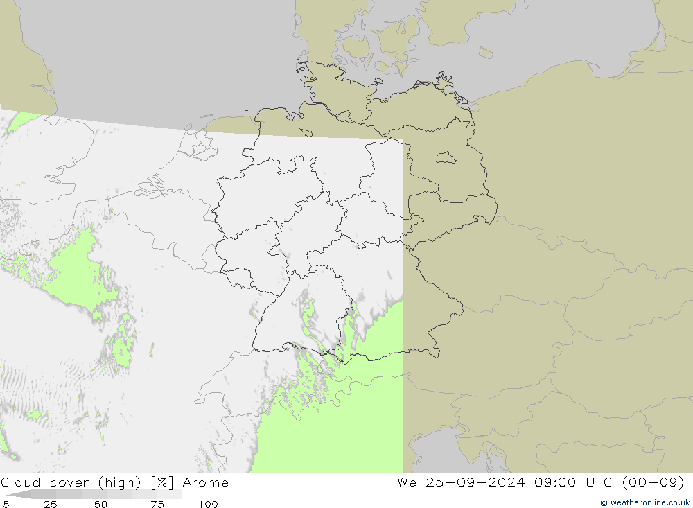 Cloud cover (high) Arome We 25.09.2024 09 UTC