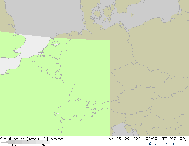 Bewolking (Totaal) Arome wo 25.09.2024 02 UTC