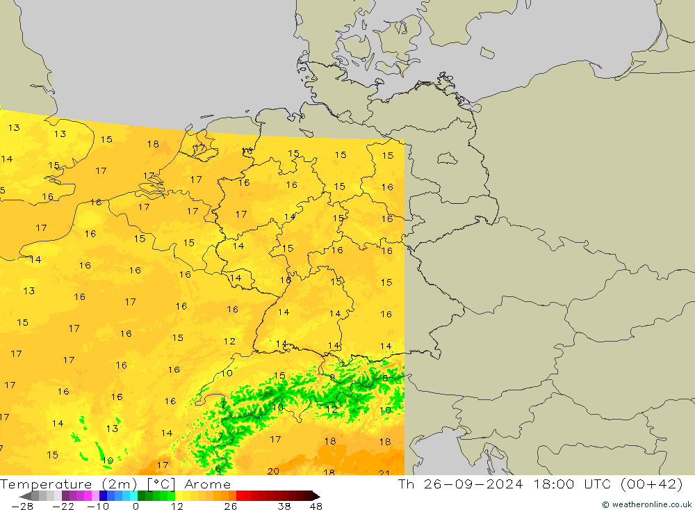 Temperatuurkaart (2m) Arome do 26.09.2024 18 UTC