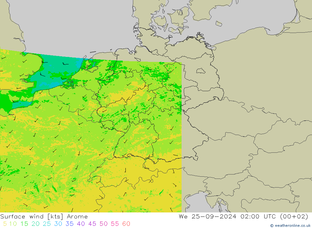 Surface wind Arome We 25.09.2024 02 UTC