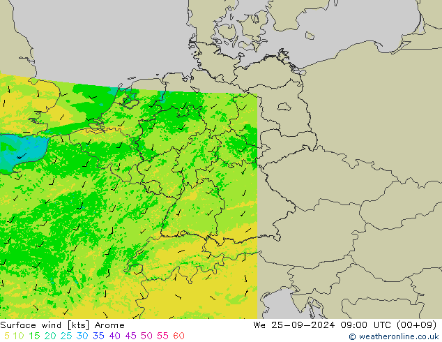 Vento 10 m Arome Qua 25.09.2024 09 UTC