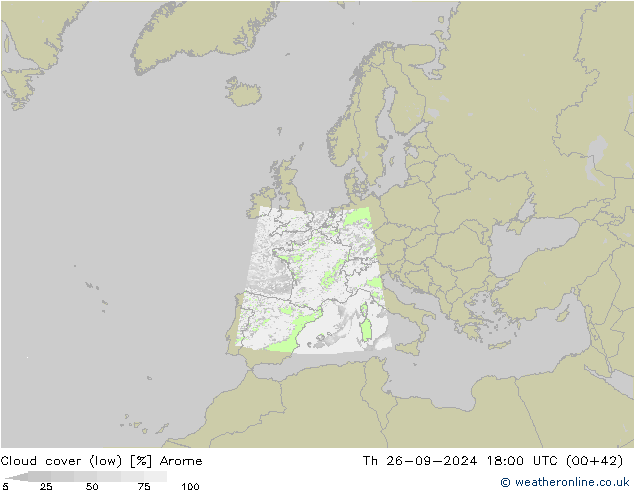 Cloud cover (low) Arome Th 26.09.2024 18 UTC