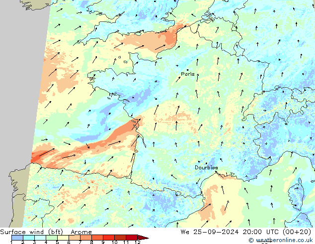 Vent 10 m (bft) Arome mer 25.09.2024 20 UTC