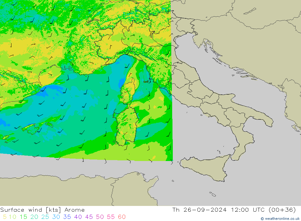 Surface wind Arome Th 26.09.2024 12 UTC