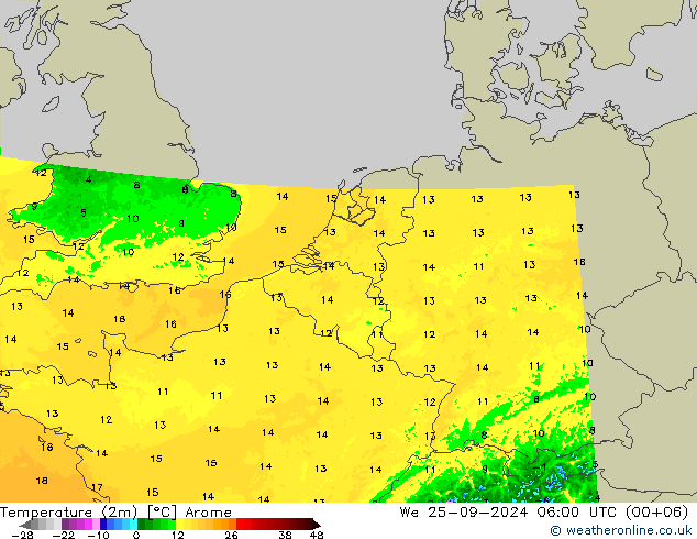 Temperature (2m) Arome We 25.09.2024 06 UTC