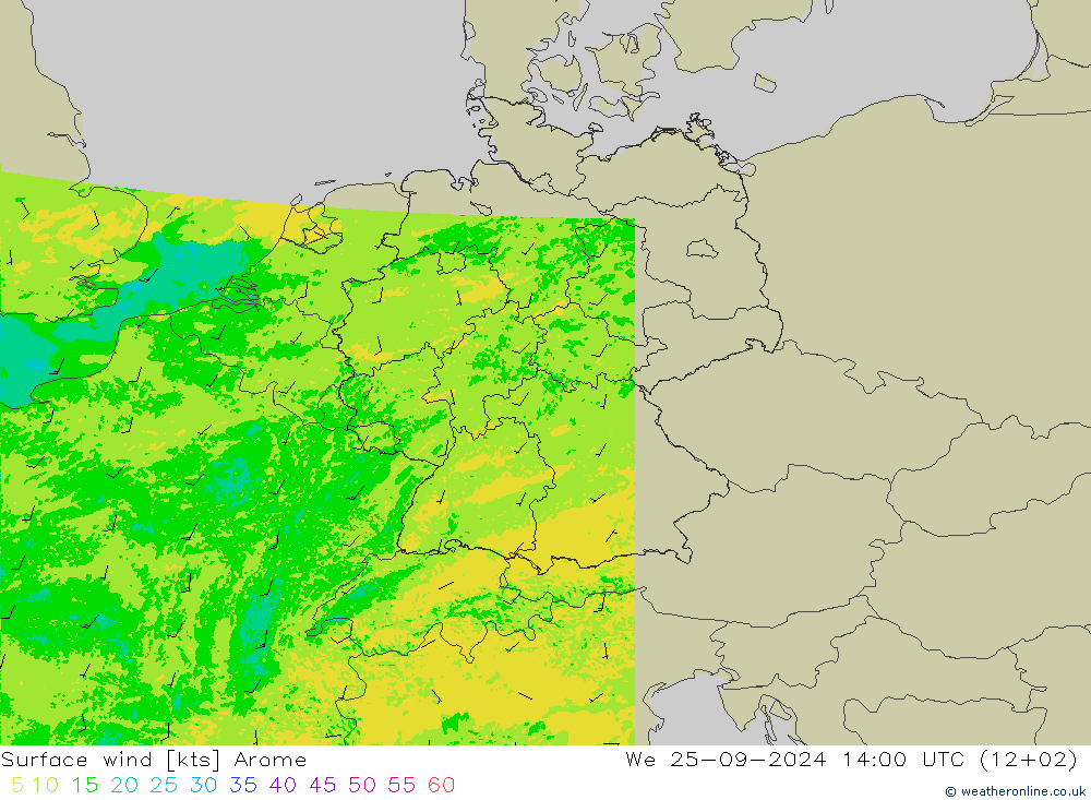 Vent 10 m Arome mer 25.09.2024 14 UTC