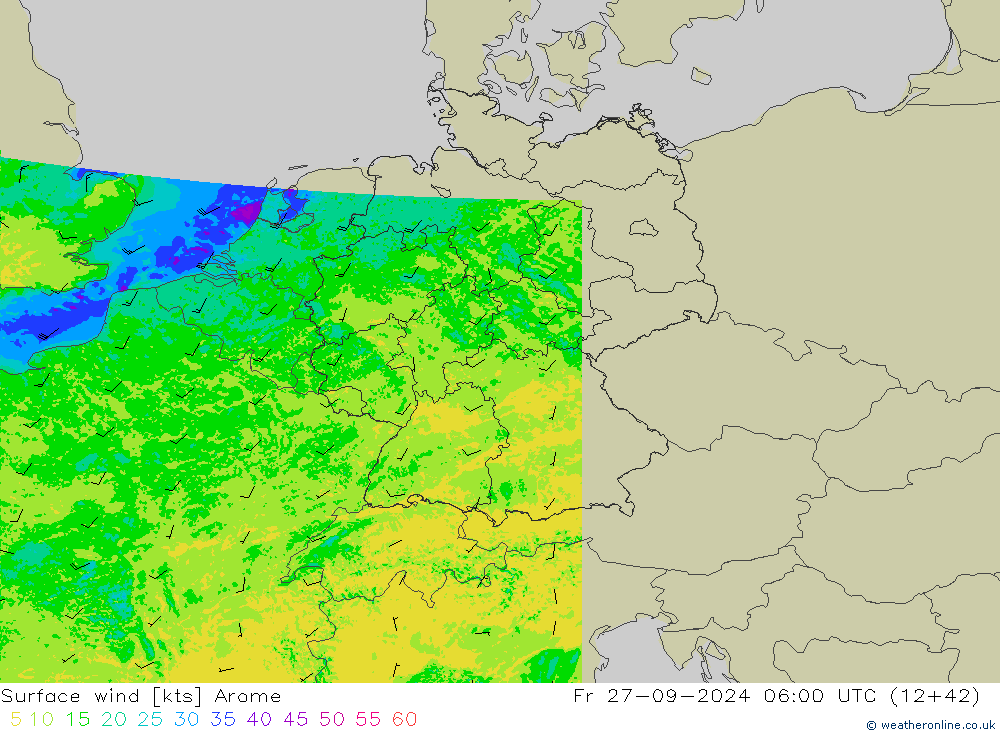 Rüzgar 10 m Arome Cu 27.09.2024 06 UTC