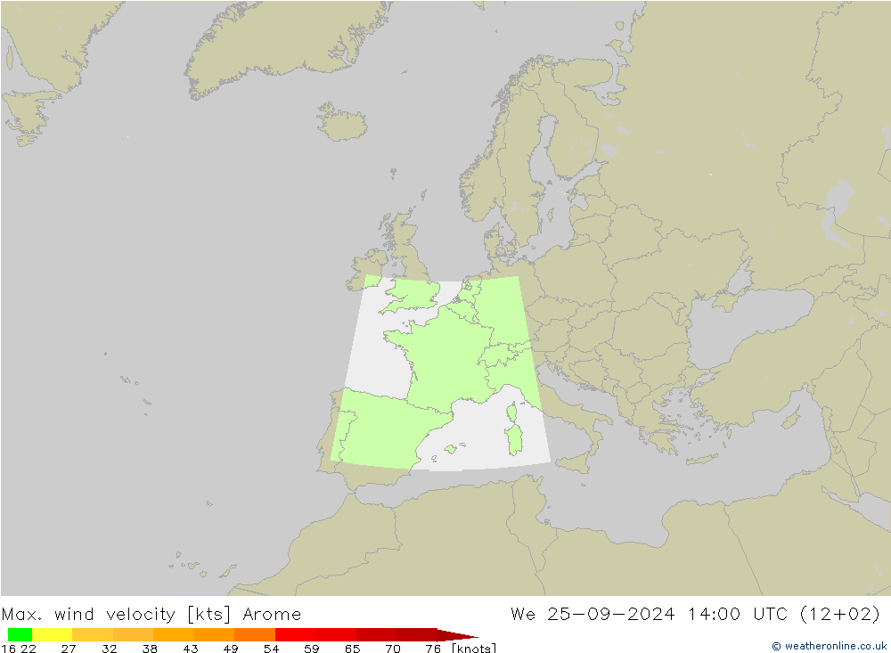 Max. wind velocity Arome mer 25.09.2024 14 UTC