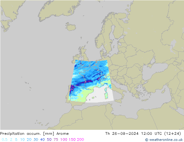 Precipitation accum. Arome Čt 26.09.2024 12 UTC