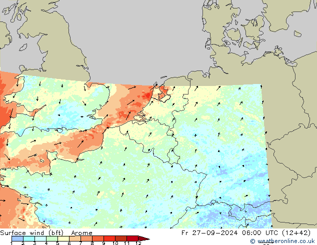 Surface wind (bft) Arome Fr 27.09.2024 06 UTC