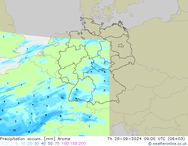 Precipitación acum. Arome jue 26.09.2024 09 UTC