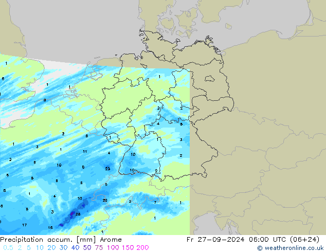 Totale neerslag Arome vr 27.09.2024 06 UTC