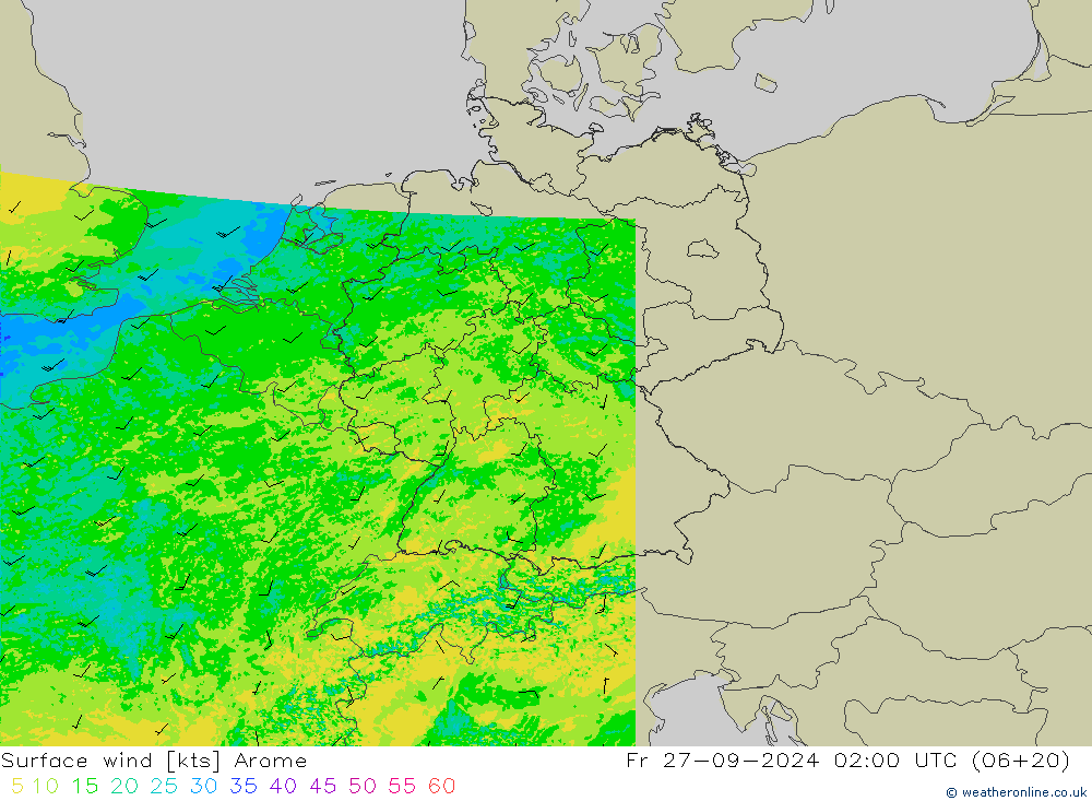 Viento 10 m Arome vie 27.09.2024 02 UTC