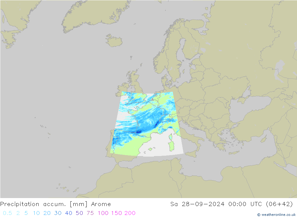 Precipitation accum. Arome So 28.09.2024 00 UTC