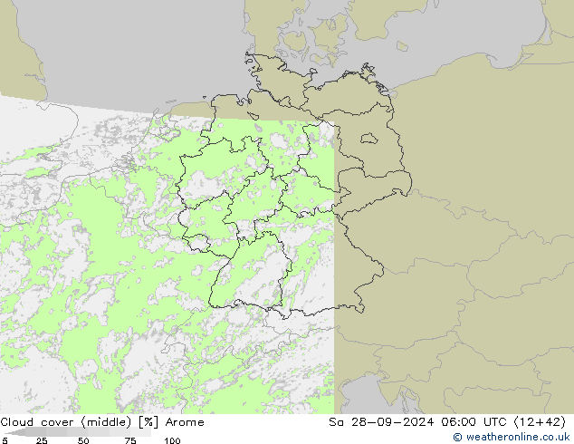 Cloud cover (middle) Arome Sa 28.09.2024 06 UTC