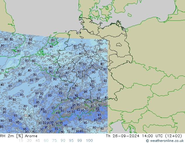 Humidité rel. 2m Arome jeu 26.09.2024 14 UTC