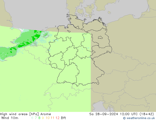 High wind areas Arome sáb 28.09.2024 12 UTC