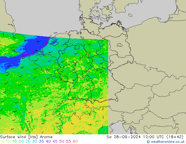 Vento 10 m Arome Sáb 28.09.2024 12 UTC