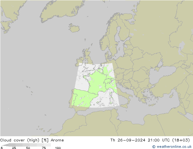 Cloud cover (high) Arome Th 26.09.2024 21 UTC