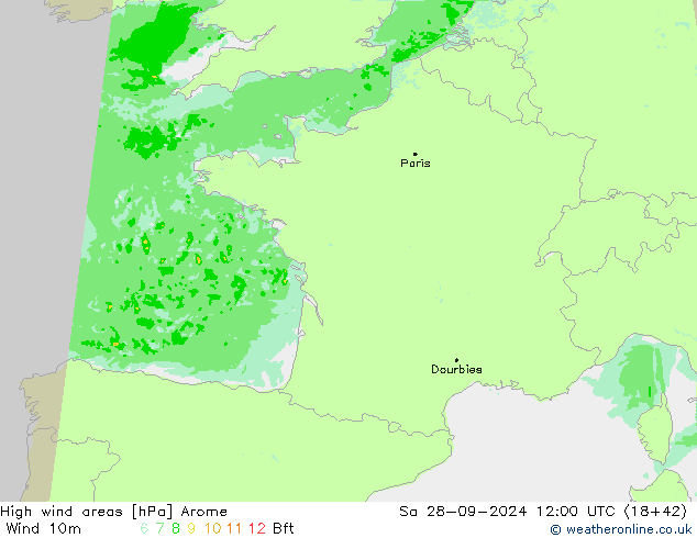 High wind areas Arome sáb 28.09.2024 12 UTC