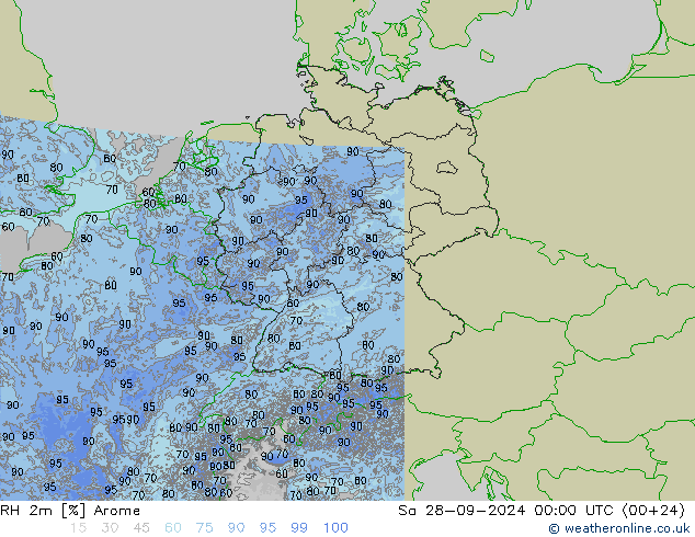 RH 2m Arome Sa 28.09.2024 00 UTC