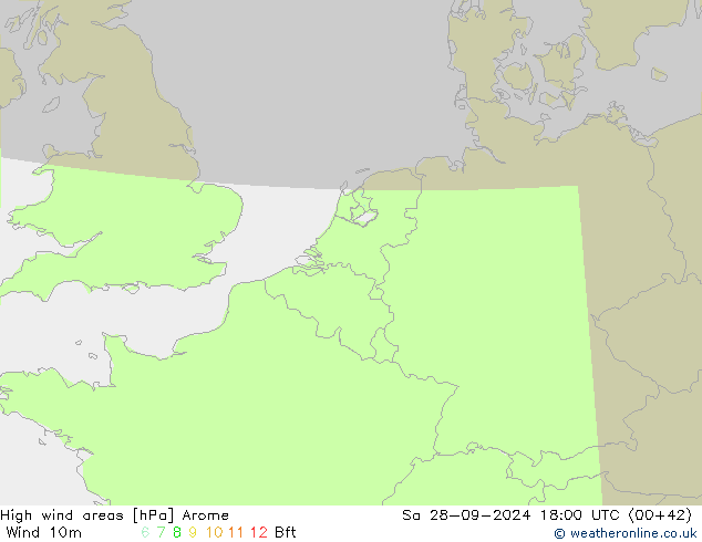 High wind areas Arome Sáb 28.09.2024 18 UTC