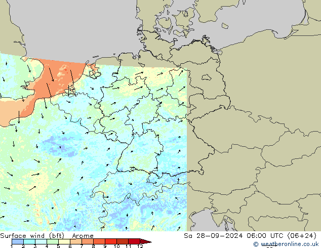 Wind 10 m (bft) Arome za 28.09.2024 06 UTC