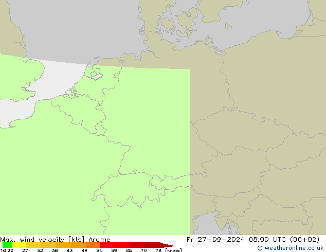 Max. wind snelheid Arome vr 27.09.2024 08 UTC