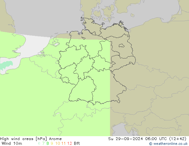 High wind areas Arome 星期日 29.09.2024 06 UTC