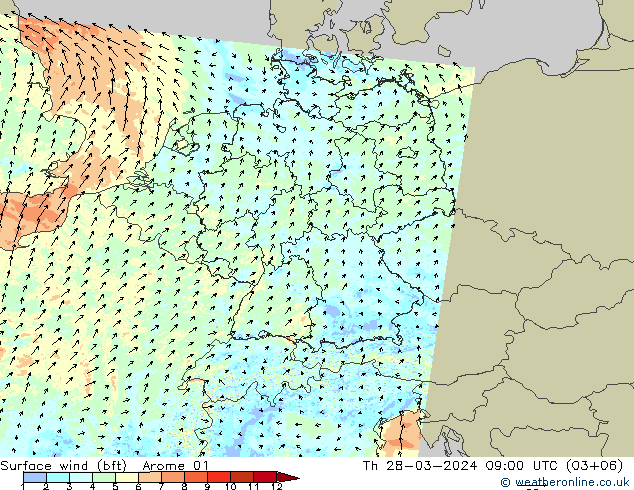 Surface wind (bft) Arome 01 Th 28.03.2024 09 UTC