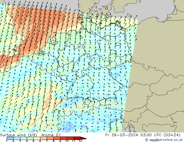 wiatr 10 m (bft) Arome 01 pt. 29.03.2024 03 UTC