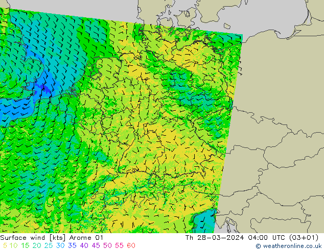 Surface wind Arome 01 Th 28.03.2024 04 UTC