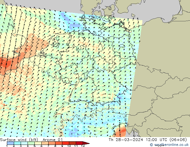 Rüzgar 10 m (bft) Arome 01 Per 28.03.2024 12 UTC