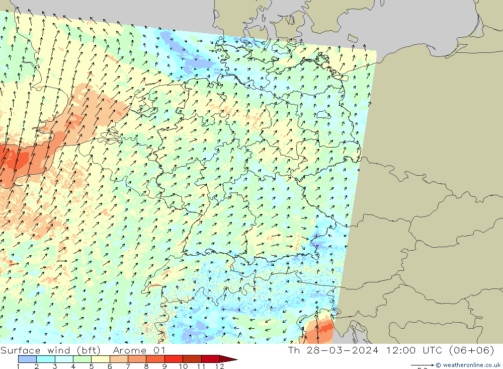 Surface wind (bft) Arome 01 Čt 28.03.2024 12 UTC