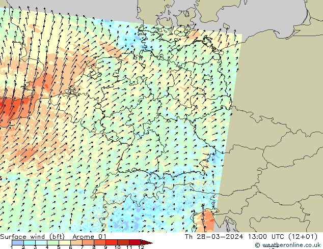Wind 10 m (bft) Arome 01 do 28.03.2024 13 UTC