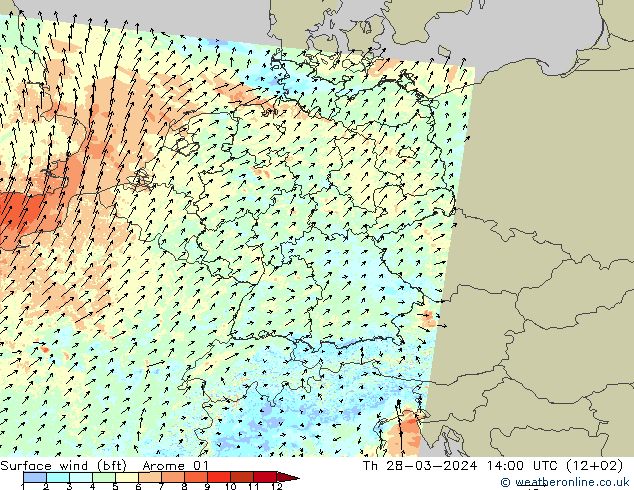 Surface wind (bft) Arome 01 Th 28.03.2024 14 UTC