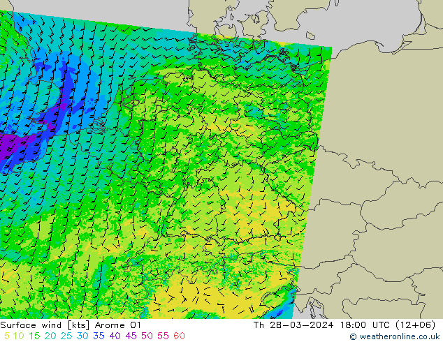 Surface wind Arome 01 Th 28.03.2024 18 UTC