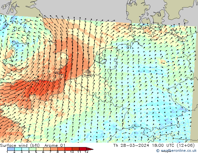 Rüzgar 10 m (bft) Arome 01 Per 28.03.2024 18 UTC