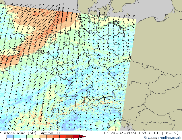 Surface wind (bft) Arome 01 Fr 29.03.2024 06 UTC