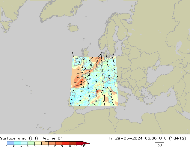 Surface wind (bft) Arome 01 Pá 29.03.2024 06 UTC