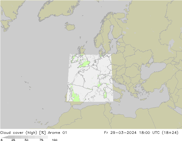 Cloud cover (high) Arome 01 Fr 29.03.2024 18 UTC